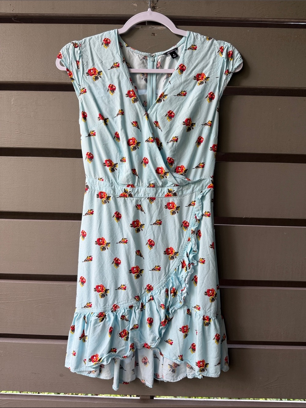 J. Crew Faux Wrap Dress Blue Red Floral Ruffled Mini Dress Size 0